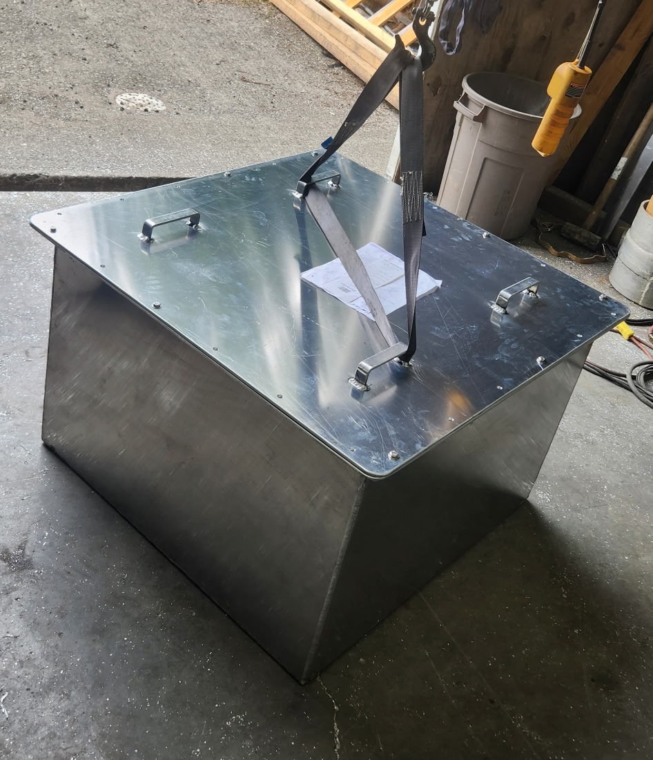 Heavy-gauge aluminum holding tank with bolted lid and lifting handles
